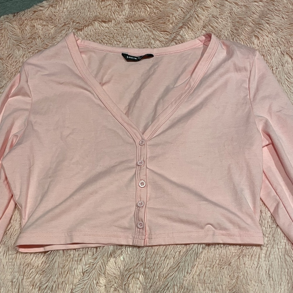 SHEIN pink long sleeve button up crop top